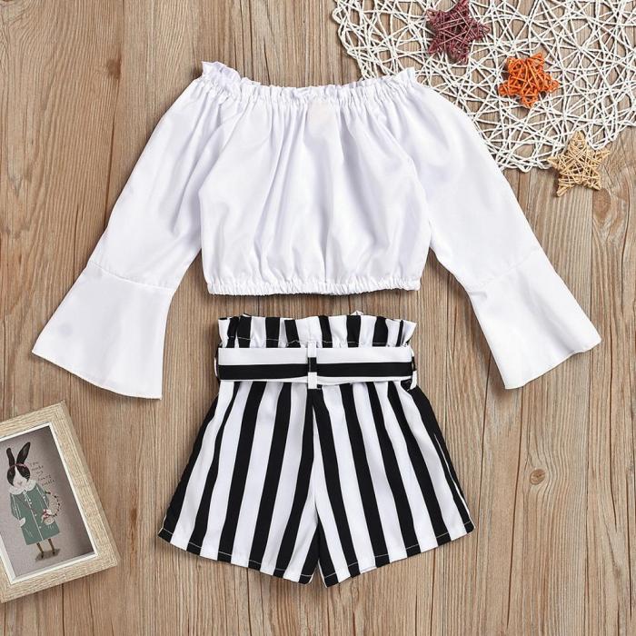 Girls Ruffle Off Shoulder Buttons Solid T Shirt Tops Bow Striped Shorts Outfits Baby Girls Fashion Sets