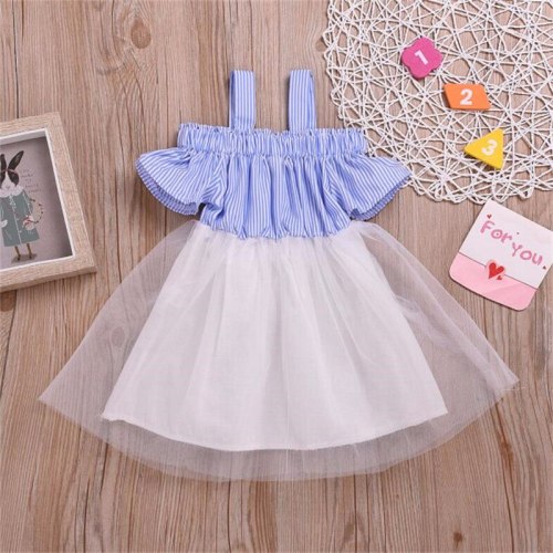 Baby Girls Bow Lace Dress for Princess Ball-Gown Strapless sleeves Kids Striped Dresses for Children Summer Clothes