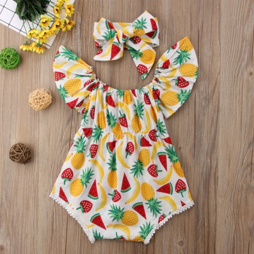 Summer Newborn Infant Baby Girl Flying Sleeves Fruit Jumpsuit Bodysuit Headband Clothes Outfit Yellow Summer Set
