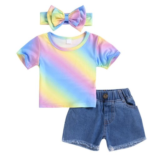 Baby Girls clothes Multicolor print Short Sleeve round neck Tops pocket Button Shorts Bow Headband 3pc Kids Outfit