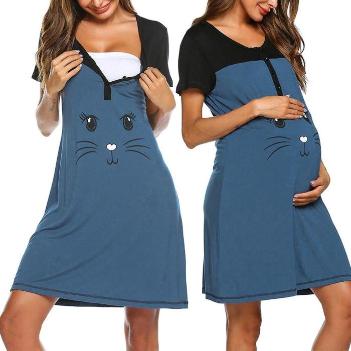 Pregnancy Pajamas Women Maternity Short Sleeve Cute Print Nursing Nightdress Breastfeeding Dress