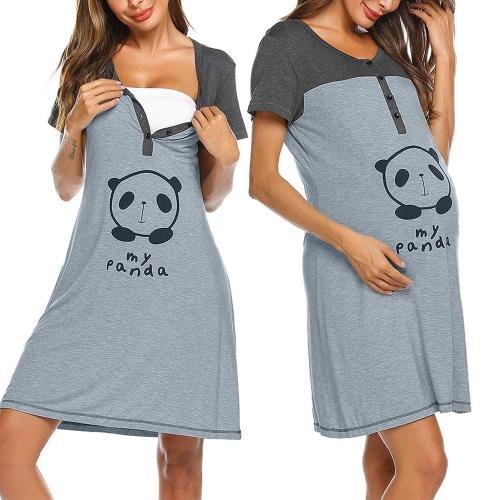 Pregnancy Pajamas Women Maternity Short Sleeve Cute Print Nursing Nightdress Breastfeeding Dress