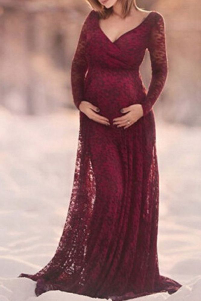 Women Pregnant Dresses Casual Solid Lace Party Maternity Dresses For Photo Shot Long Sleeve Dresses Photography Props