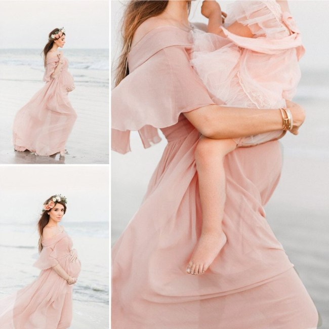 Maternity Photography Props Women Pregnancy Long Dress Beach Solid Short Sleeve Dresses Pregnant Lace Maxi Gown