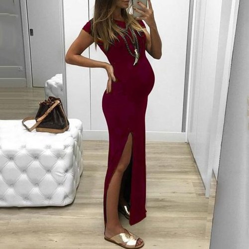 Bodycon Women Pregnancy Maternity Dress Solid Short Sleeve Open Fork Pregnancy Photography Dress