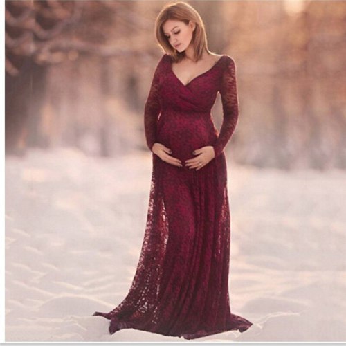 Women Pregnant Dresses Casual Solid Lace Party Maternity Dresses For Photo Shot Long Sleeve Dresses Photography Props