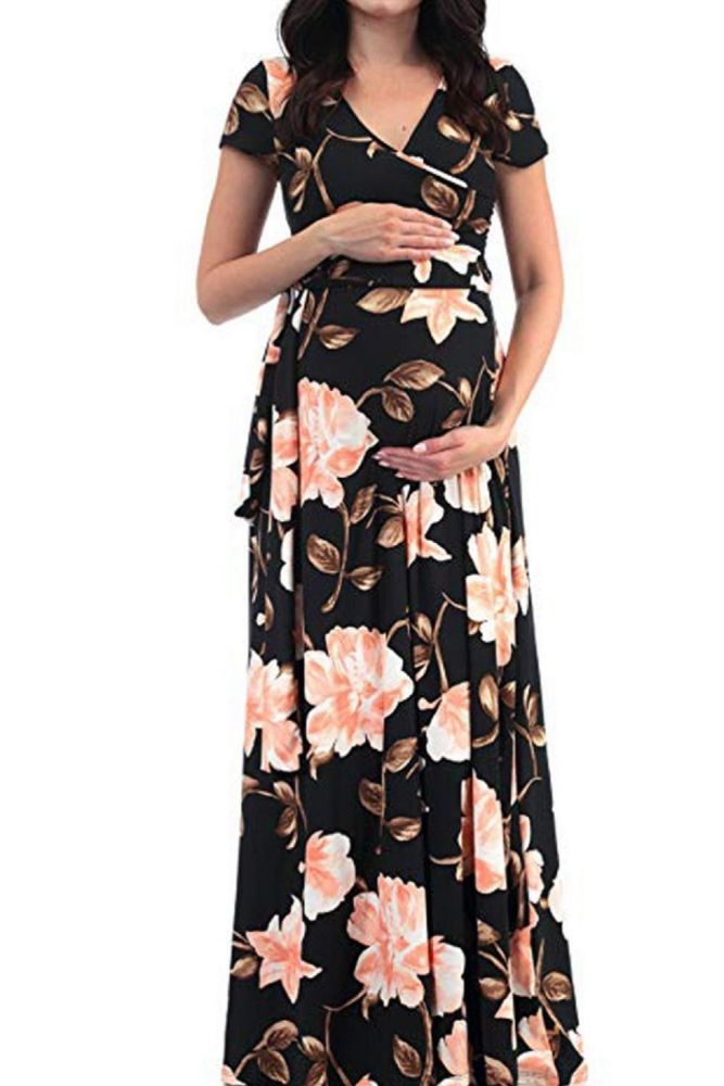 Pregnant Women Solid Dress Maternity Short Sleeve V-necks Casual Dresses For Pregnancy Irregular Party Dress