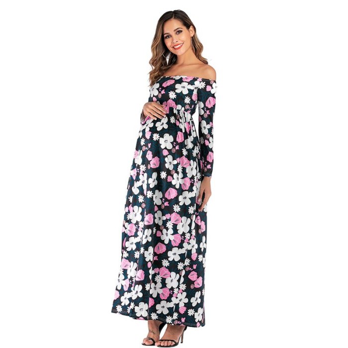 Pregnant Women Dress 2020 New Autumn Maternity Photography Photo Clothing Shoulderless Long Sleeve Flower Print Dresses