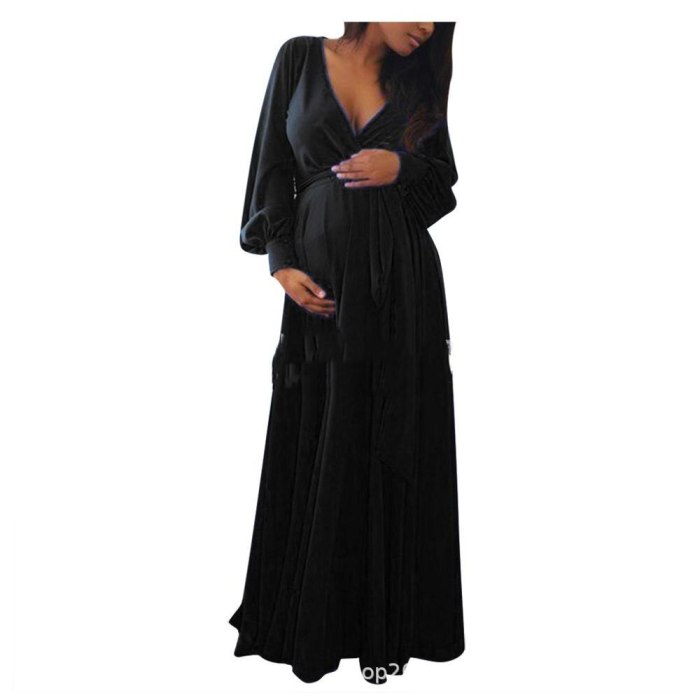 Long Sleeve Maternity Dress V-Neck Pregnancy Gown Pregnancy Gown For Photo Shoot Baby Shower Autumn Gown With Belt Plus Size
