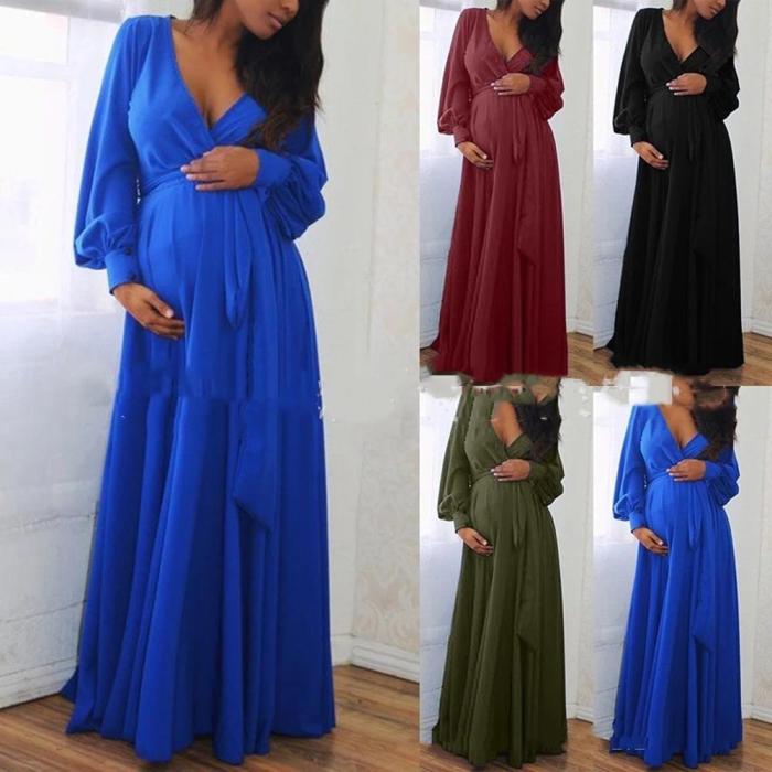 Long Sleeve Maternity Dress V-Neck Pregnancy Gown Pregnancy Gown For Photo Shoot Baby Shower Autumn Gown With Belt Plus Size