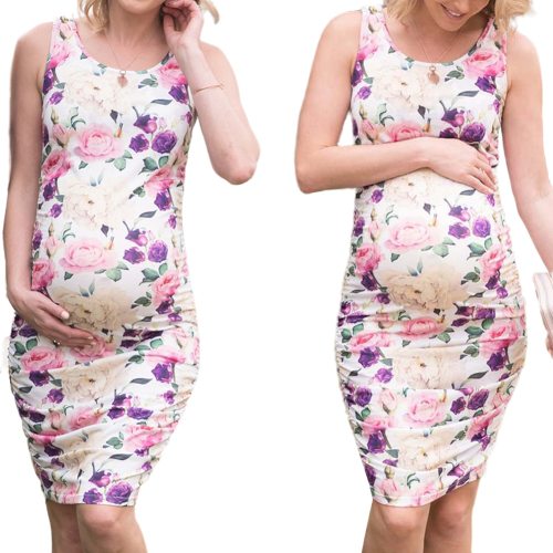Maternity Nursing Dress Women Bodycon Floral Printed Dress Sleeveless Ruched Knee Length Breastfeeding Dress Plus size xxl