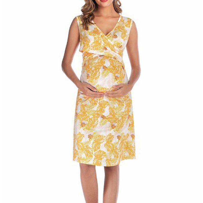 2021 Popular Style Lactation Clothing Wave Point Printing Short Sleeve V Collar Pregnant Woman Feeding Dress