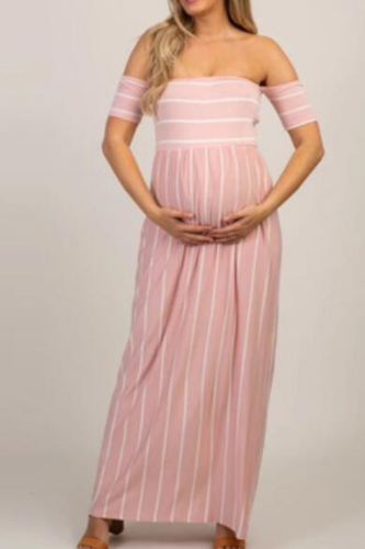 Maternity Dresses Women Off Shoulder Pregnancy Maternity Dress Stripe Summer Patchwork Long Dress