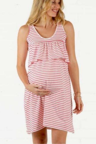 Maternity Dress Round Neck Short Sleeve Colorful Striped Stitching Ruffled  Breastfeeding Dress