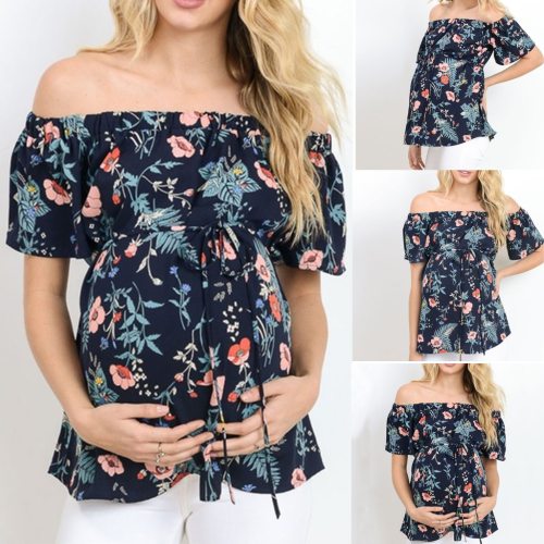 Womens Clothing Plus Size Tees For Pregnant Women's Short Sleeve Tops Breastfeeding Off Shoulder Floral T-Shirt Maternity