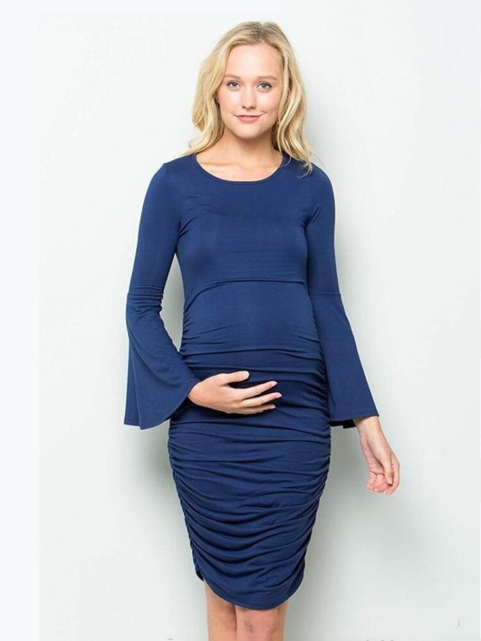 Side Ruched Maternity Plus Size Dress Horn Sleeve Pregnancy Home Clothes Bodycon Dress Mama Casual Wrap Dresses Womens Clothing