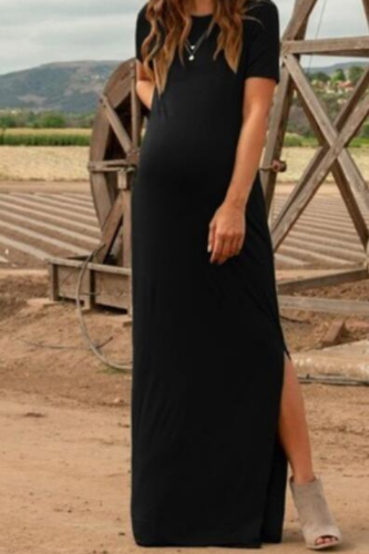 Maternity Dress Women Fashion Pure Color Short Sleeve Pregnancy Casual Splits Long Maxi Maternity Dresses Vertidos