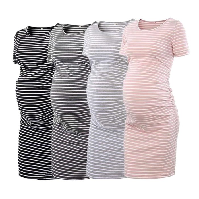 New Stripe Women's Side Ruched Maternity Clothes Bodycon Dress Mama Casual Short Sleeve Wrap Dresses Womens Clothing Plus Size