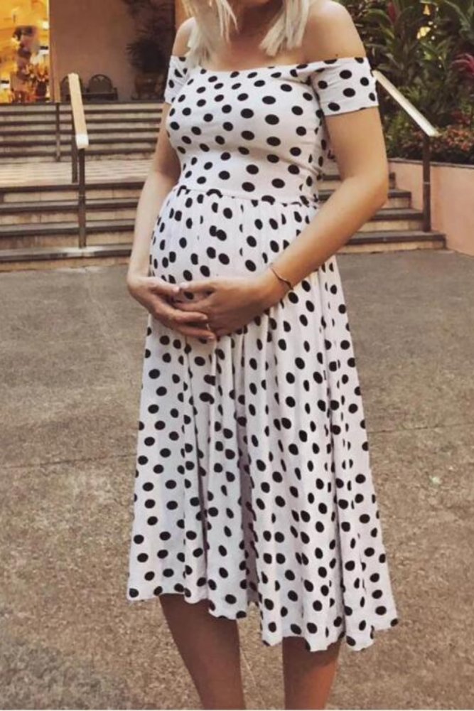 Women Maternity Dresses Mom Dot Print Pregnancy Dress Breastfeeding Off Shoulder Sexy Pregnant Dress
