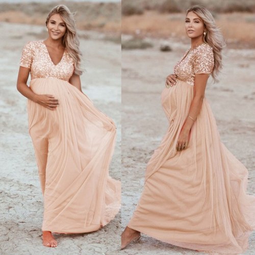 Women Pregnants maternity dresses for photo shoot Soild Color V-neck Photography Props Short Sleeve Sequined pregnancy dress