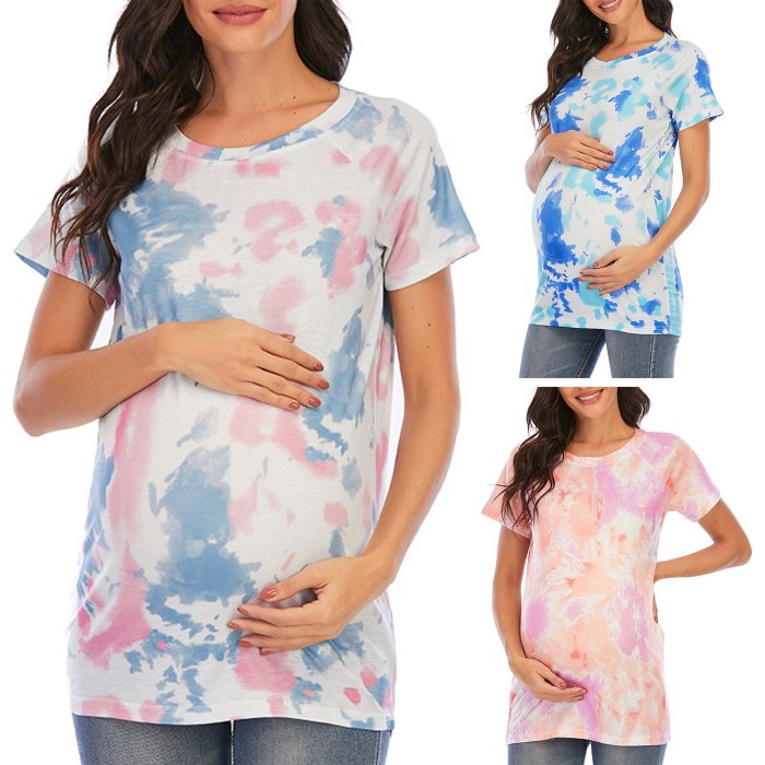 Women Maternity Pregnancy T-shirt Tie-dye Tops Casual Clothes Summer Cartoon Print Maternity Clothing Soft Pregnancy Tees L3