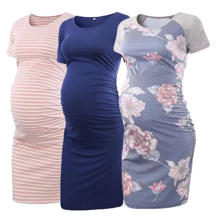 Maternity Women Dress short sleeve Printed maternity dress Flattering Side Ruching Scoop Neck Pregnant Womens
