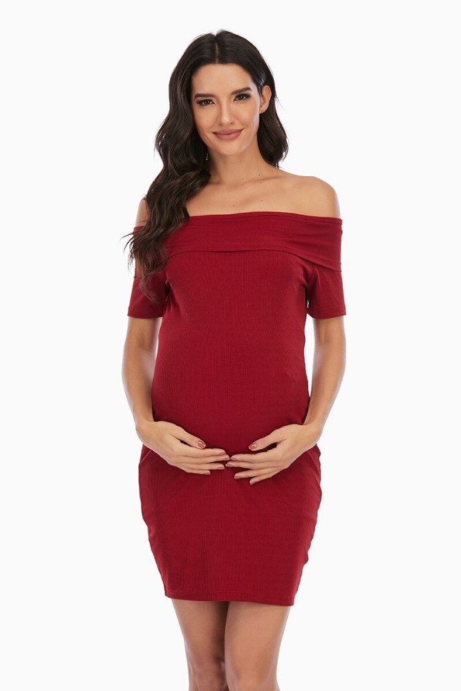 New maternity Dress Solid Color One-Shoulder Short-Sleeved Dress Maternity Dress