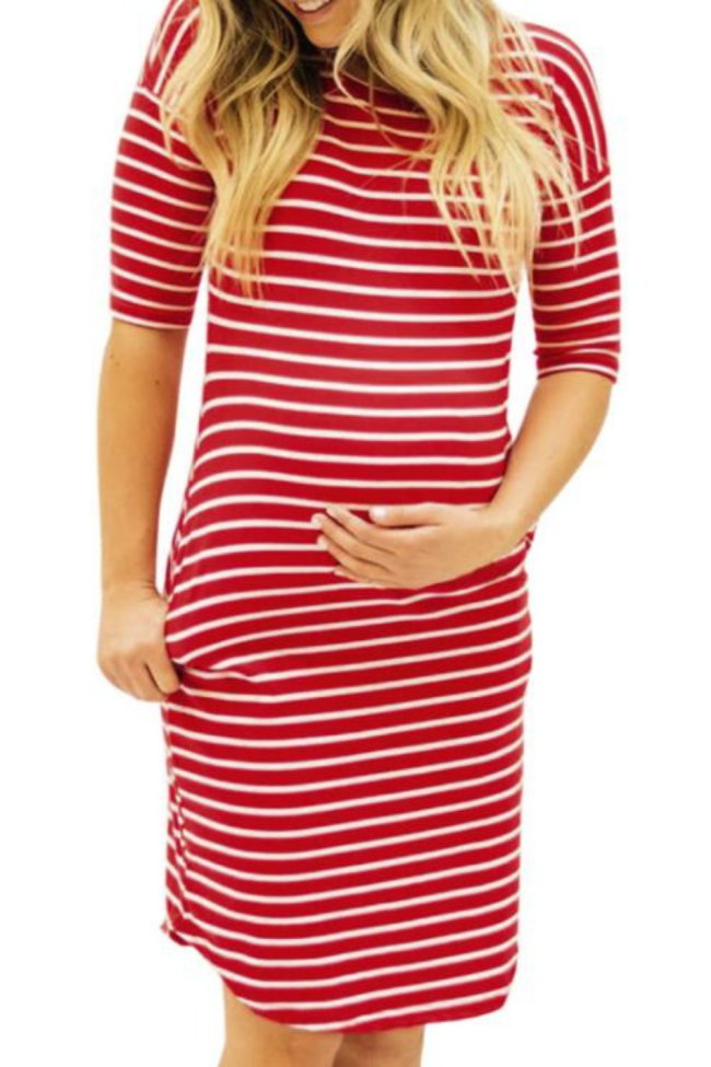 Women's Maternity Dresses Pregnant Half Sleeve Stripe Print Ladies Slim Dress  Mother Summer Casual Maternity Clothes
