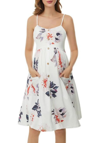 Women Floral summer Sleeveless Dresses Maternity Dress Casual Button Down Midi Dress with Pockets Pregnancy Spaghetti Dresses
