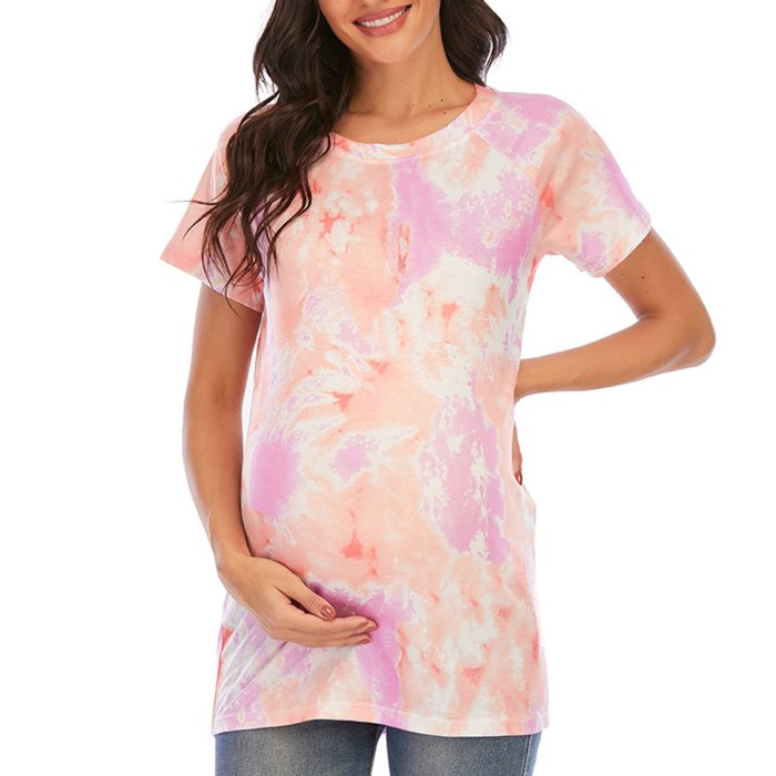 Women Maternity Pregnancy T-shirt Tie-dye Tops Casual Clothes Summer Cartoon Print Maternity Clothing Soft Pregnancy Tees L3