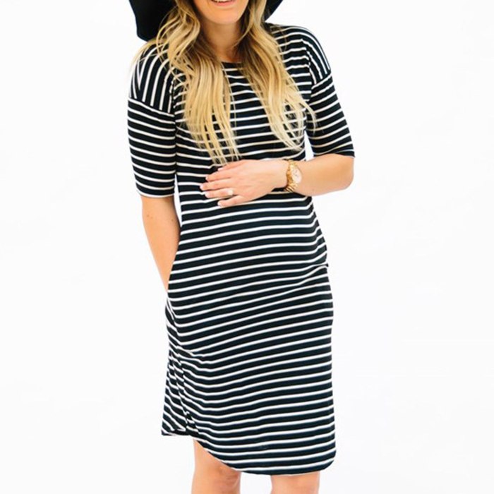 Women's Maternity Dresses Pregnant Half Sleeve Stripe Print Ladies Slim Dress  Mother Summer Casual Maternity Clothes
