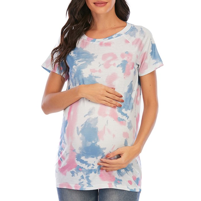 Women Maternity Pregnancy T-shirt Tie-dye Tops Casual Clothes Summer Cartoon Print Maternity Clothing Soft Pregnancy Tees L3