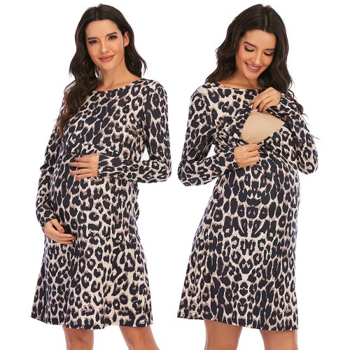 2021 Spring Leopard Maternity Nursing Dress  Charming A Line Slim Breastfeeding Clothes For Pregnant Women Feeding Pregnancy