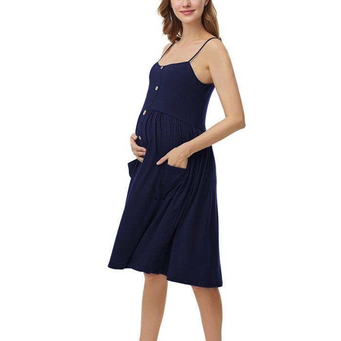 Women Floral summer Sleeveless Dresses Maternity Dress Casual Button Down Midi Dress with Pockets Pregnancy Spaghetti Dresses