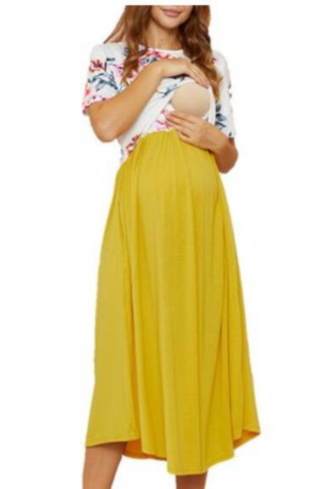 2021 New ArrivalMaternity Round collar Color Block Color block Yellow Midi H Short-sleeve Nursing Dress