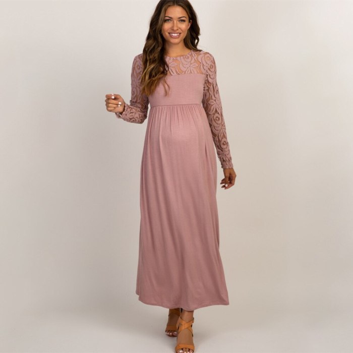 New Fashion Explosions Solid Color Pregnant Women Lace Hollow Long Sleeve Dress Long Dresses