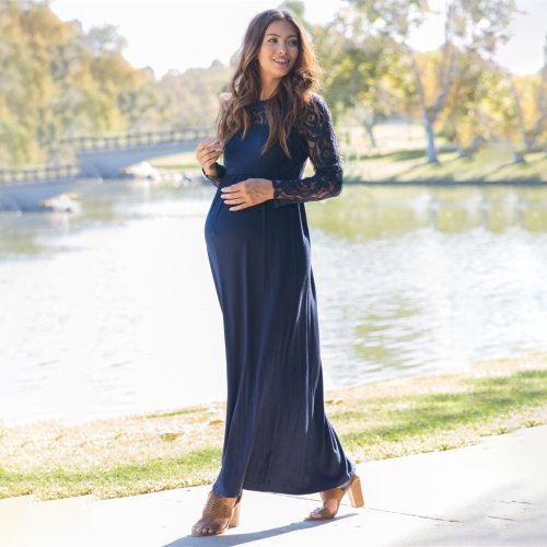 New Fashion Explosions Solid Color Pregnant Women Lace Hollow Long Sleeve Dress Long Dresses