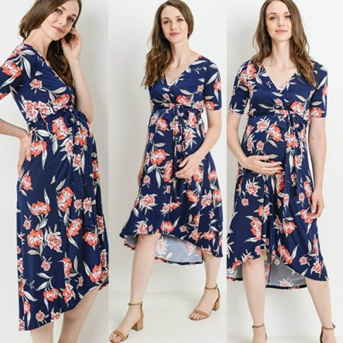 Maternity Gown 2021 Summer New European and American Women's V-neck Printed Belt Long Skirt Maternity Dress