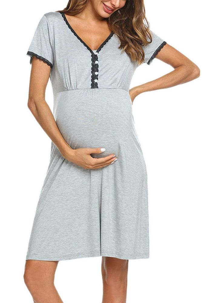 New Summer Fashion Pregnant Dress Plus Size Women's Maternity Lace Short Sleeve Solid Dress Breastfeeding Nightshirts Clothes