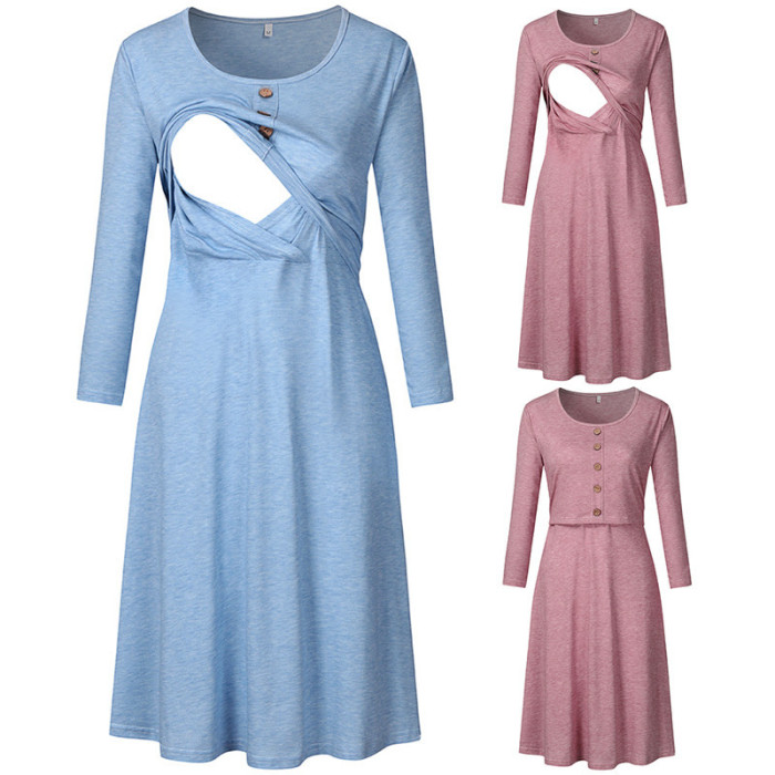 Women's Maternity Nursing Dress With Button A Line Nursing Nightgown for Breastfeeding Long Sleeve Night Dress Home Wear Autumn