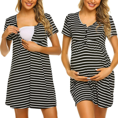 Maternity Nursing Dress 2021 Summer New Mother Clothing Pure Cotton Striped Dresses Convenient Nursing Clothes Easter Clothing