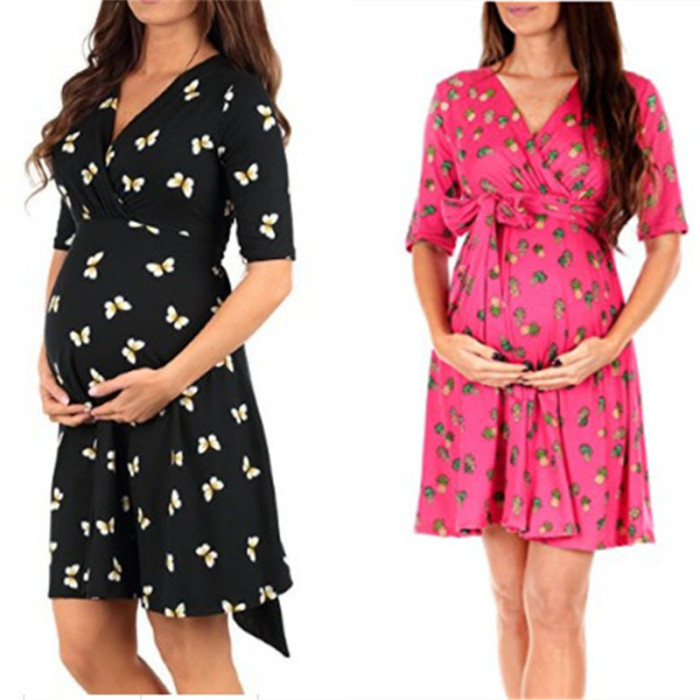 Women High-Low Surplice Wrap With Waist Belt Maternity Dress Adjustable V Neck Nursing Dress Breastfeeding Pregnant Clothes