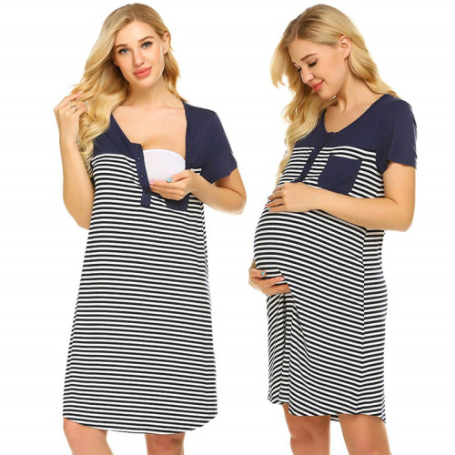 Women Maternity Dresses Summer Nursing Short Sleeve Nightgown Dress Pocket Striped Breastfeeding Clothes Sleepwear Pregnancy