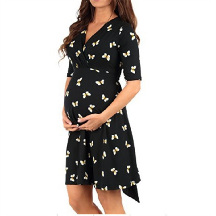 Women High-Low Surplice Wrap With Waist Belt Maternity Dress Adjustable V Neck Nursing Dress Breastfeeding Pregnant Clothes