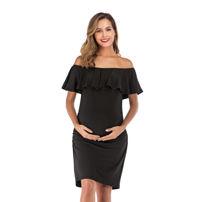 Solid Ruffles Maternity Dresses Off Shoulder Pregnancy Dresses Ruffle Shoulderless Women Bodycon Dress Summer Pregnant