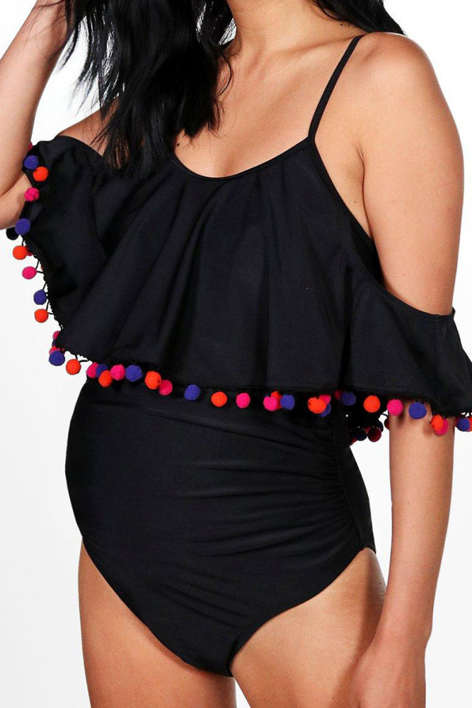 2021 Halter Piece Bikini Swimwear For Pregnant Women Sexy Fur Balls Decorated One-piece Suit Elastic Monokini Swimsuit Plus Size