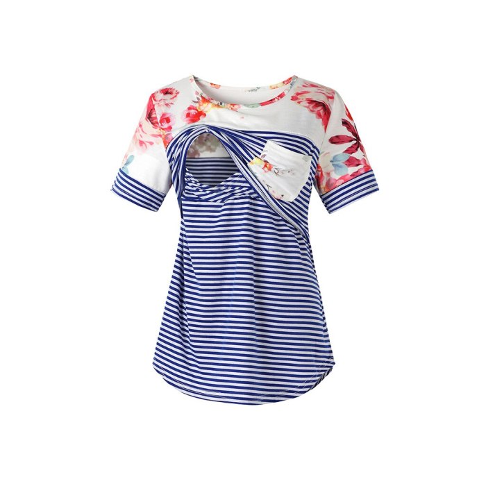Summer Pregnant T Shirt Floral Print Striped Patchwork Maternity Clothes  Short Sleeve Breastfeeding Clothes Shirt Nursing Tops