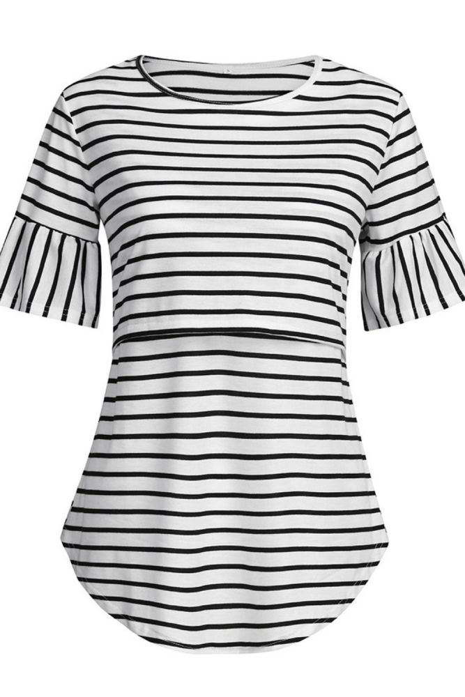 Womens Mother Tops Summer Casual Short Sleeve Nursing Striped Tops For Breastfeeding Blouse T-Shirts
