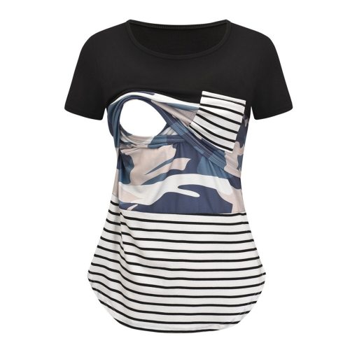 Women's Maternity Breastfeeding T-shirt Clothes for Pregnant Women O-Neck Short Sleeve Striped Camouflage Print Nursing Tops