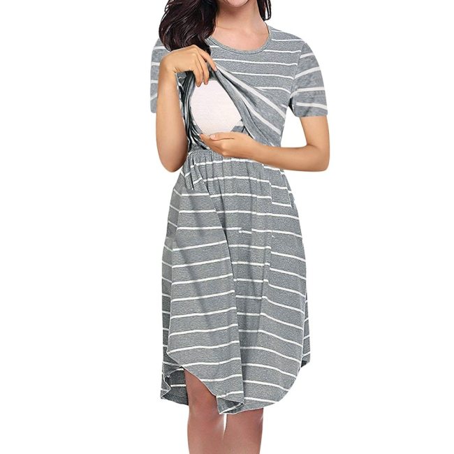 Womens Striped Maternity Dresses Short Sleeve Print Nursing Dress Summer Breastfeeding Clothes Платье Для Беременных 2021